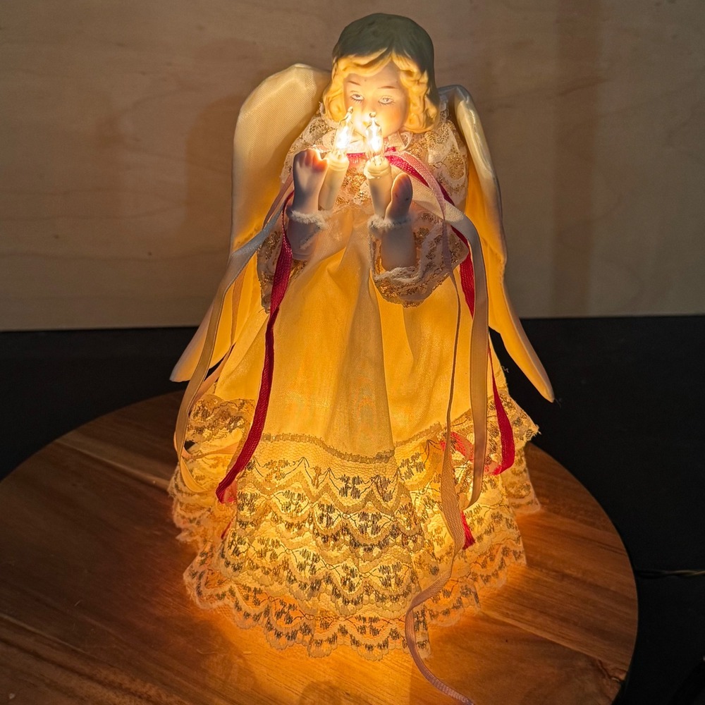 Vintage Porcelain Angel Christmas Tree Topper Illuminated Gold Lace Cream 9in